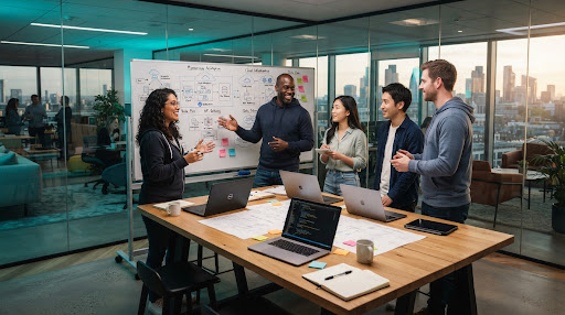 Diverse software engineering team engaged in architecture discussion